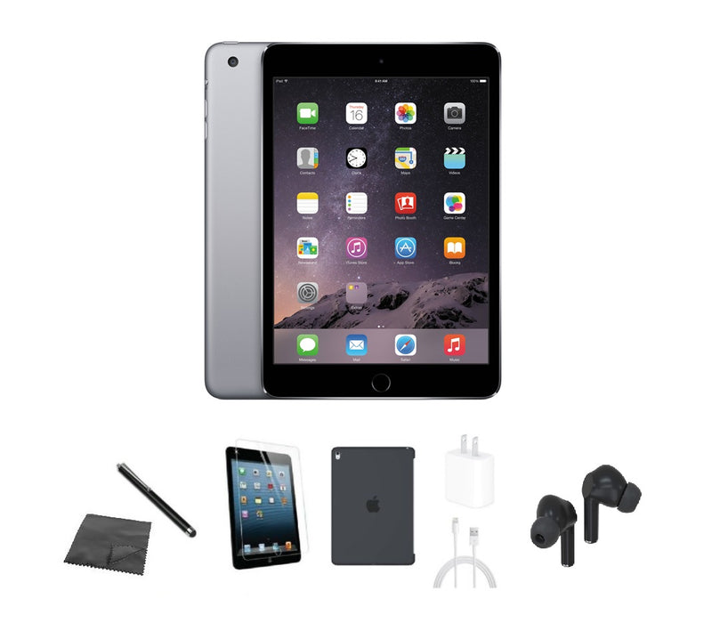 Refurbished Apple iPad Mini 3 | WiFi + Cellular Unlocked | Bundle w/ Case, Bluetooth Earbuds, Tempered Glass, Stylus, Charger