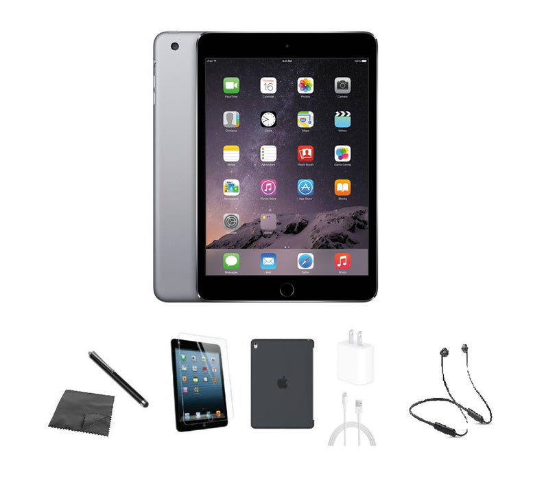 Refurbished Apple iPad Mini 3 | WiFi + Cellular Unlocked | Bundle w/ Case, Bluetooth Headset, Tempered Glass, Stylus, Charger