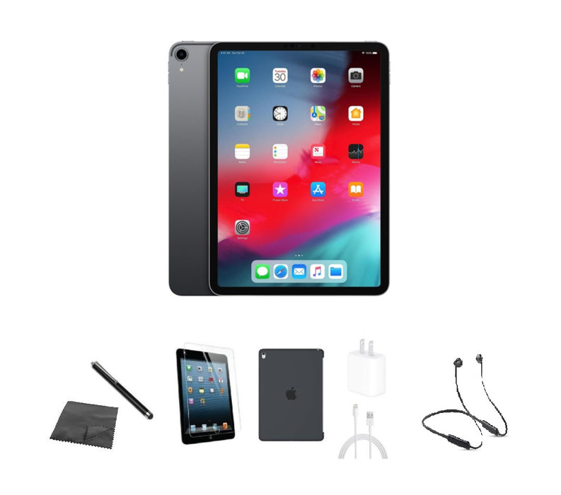 Refurbished Apple iPad Pro 11" | 2018 | WiFi + Cellular Unlocked | Bundle w/ Case, Bluetooth Headset, Tempered Glass, Stylus, Charger