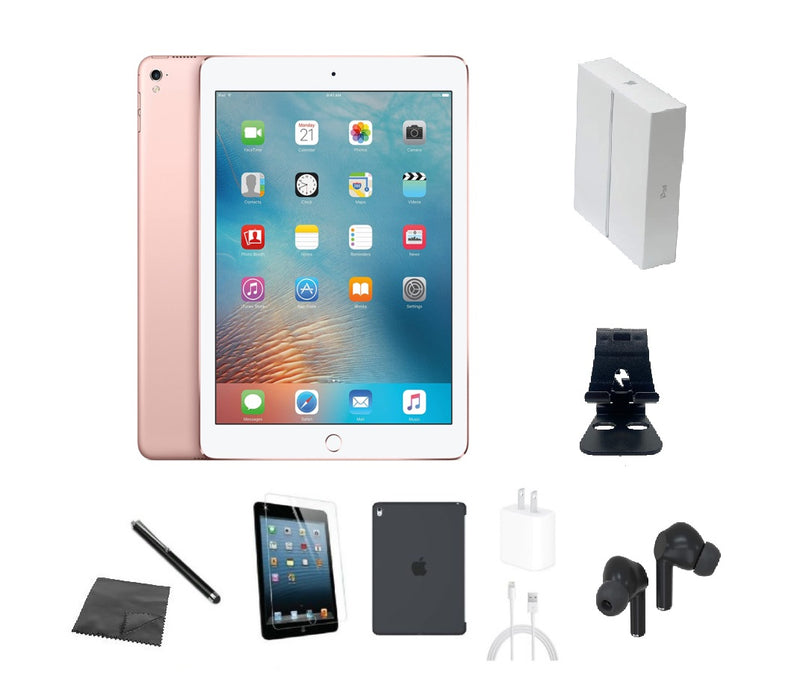 Refurbished Apple iPad Pro 9.7" 1st Gen | WiFi + Cellular Unlocked | Bundle w/ Case, Box, Bluetooth Earbuds, Tempered Glass, Stylus, Stand, Charger