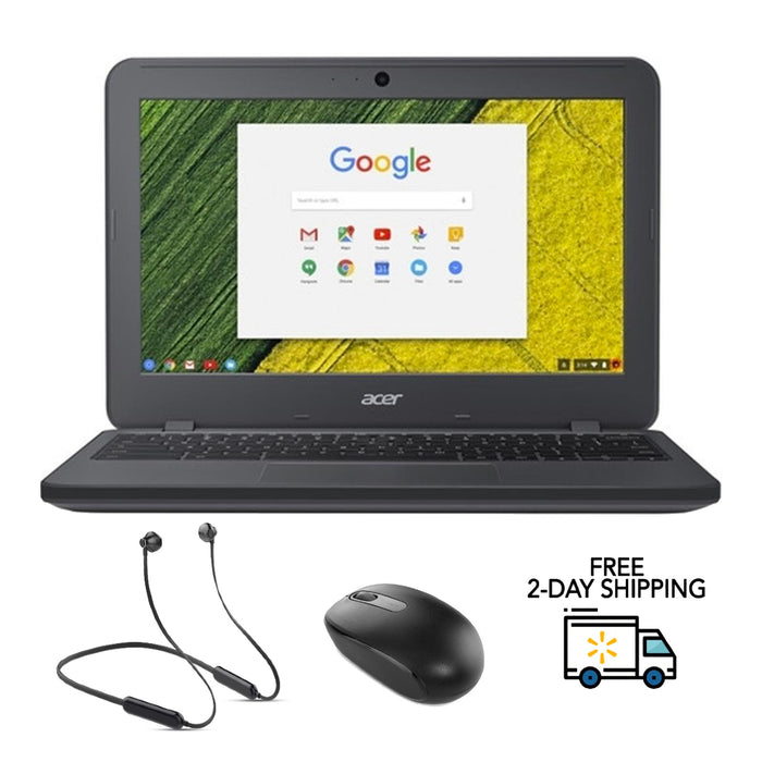 Refurbished Acer C731 Chromebook N7 | Intel Celeron N3060| 1.60GHz | 4GB RAM | 16GB SSD | Bundle w/ Neckband Earbuds and Mouse