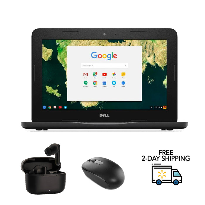Refurbished Dell Chromebook 11 | Celeron N3060 | 2GB RAM 11-3180 | 16GB SSD | 11.6" LED | Bundle w/ Wireless Earbuds and Mouse
