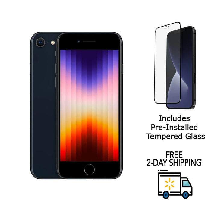 Refurbished Apple iPhone SE 3rd Gen | Tracfone/Straight Talk Only | Bundle w/ Pre-Installed Tempered Glass