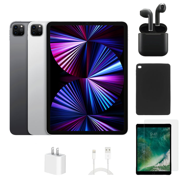 Refurbished Apple iPad Pro 11" | 2021 | WiFi + Cellular Unlocked | Bundle w/ Case, Wireless Earbuds,Tempered Glass Screen Protector