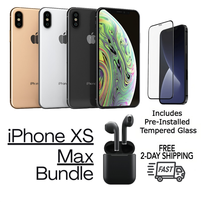 Refurbished Apple iPhone XS Max | Fully Unlocked | Bundle w/ Pre-Installed Tempered Glass and Bluetooth Earbuds