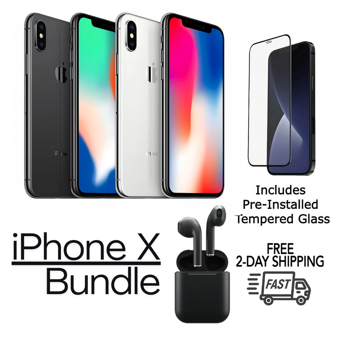 Refurbished Apple iPhone X | Fully Unlocked | Bundle w/ Pre-Installed Tempered Glass and Bluetooth Earbuds