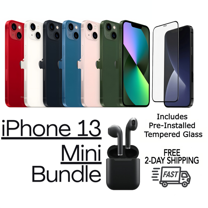 Refurbished Apple iPhone 13 Mini | Fully Unlocked | Bundle w/ Pre-Installed Tempered Glass and Bluetooth Earbuds