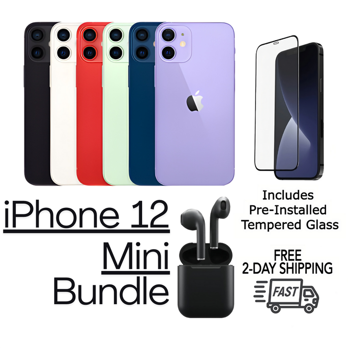 Refurbished Apple iPhone 12 Mini | Fully Unlocked | Bundle w/  Pre-Installed Tempered Glass and Bluetooth Earbuds