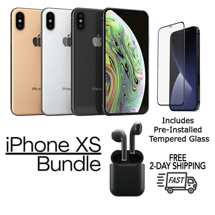 Refurbished Apple iPhone XS | Fully Unlocked | Bundle w/ Pre-Installed Tempered Glass and Bluetooth Earbuds