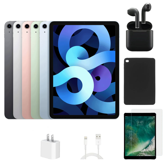 Refurbished Apple iPad Air 4 | WiFi + Cellular Unlocked | Bundle w/ Case, Wireless Earbuds,Tempered Glass Screen Protector