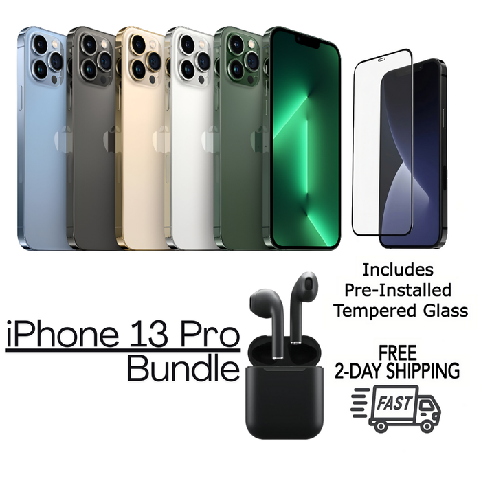 Refurbished Apple iPhone 13 Pro | Fully Unlocked | Bundle w/ Pre-Installed Tempered Glass and Bluetooth Earbuds