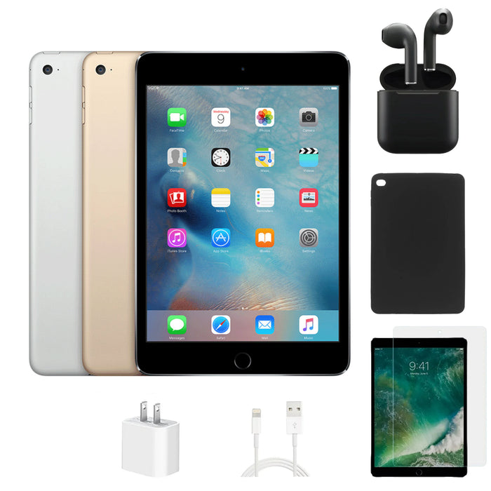 Refurbished Apple iPad Mini 4 | WiFi | Bundle w/ Case, Wireless Earbuds,Tempered Glass Screen Protector