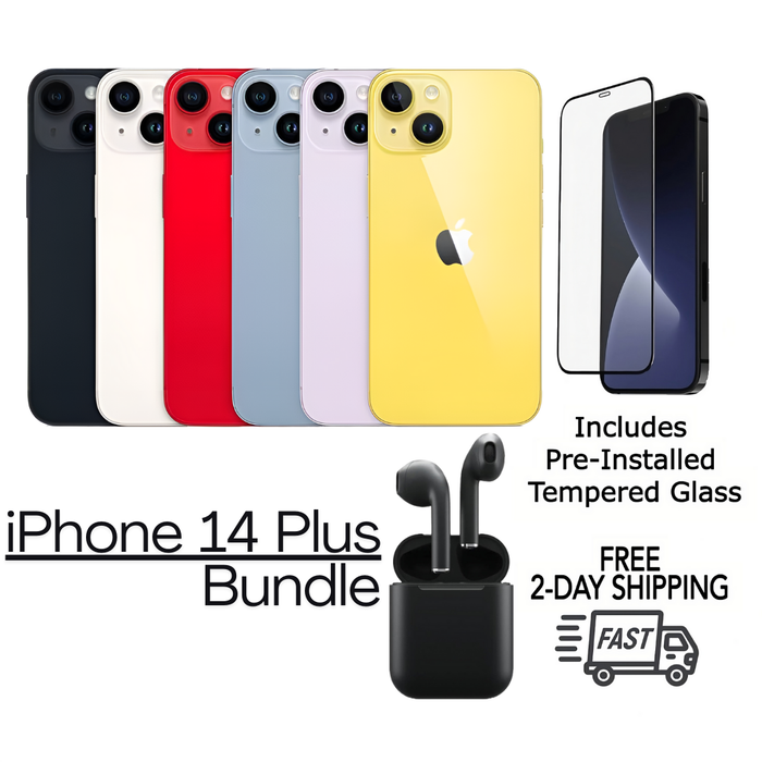 Refurbished Apple iPhone 14 Plus | Fully Unlocked | Bundle w/ Pre-Installed Tempered Glass and Bluetooth Earbuds