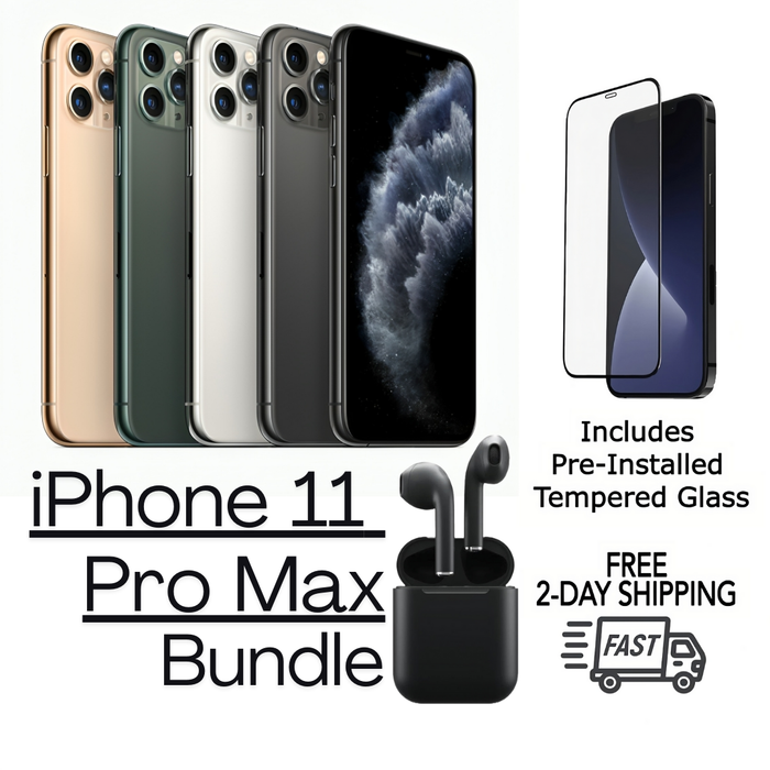 Refurbished Apple iPhone 11 Pro Max | Fully Unlocked | Bundle w/ Pre-Installed Tempered Glass and Bluetooth Earbuds