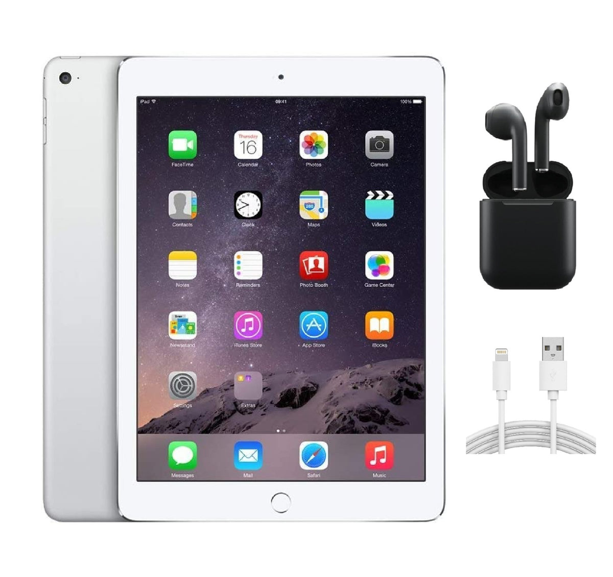 Refurbished Apple iPad Air 2 A1567 (WiFi + Cellular Unlocked) 64GB Silver (Grade B) w/ Wireless Earbuds