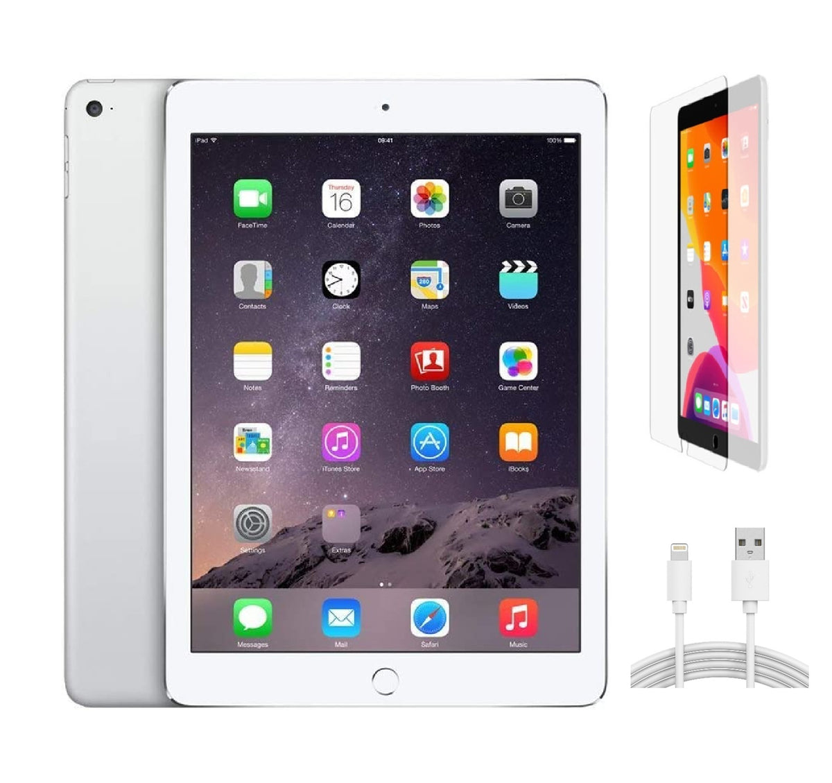 Refurbished Apple iPad Air 2 A1567 (WiFi + Cellular Unlocked) 64GB Silver (Grade B) w/ Pre-Installed Tempered Glass