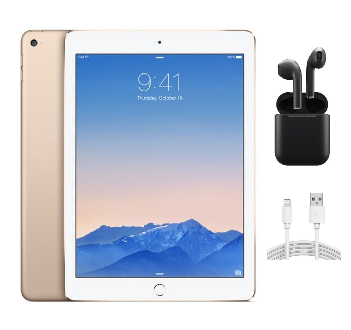Refurbished Apple iPad Air 2 A1566 (WiFi) 16GB Gold (Grade B) w/ Wireless Earbuds