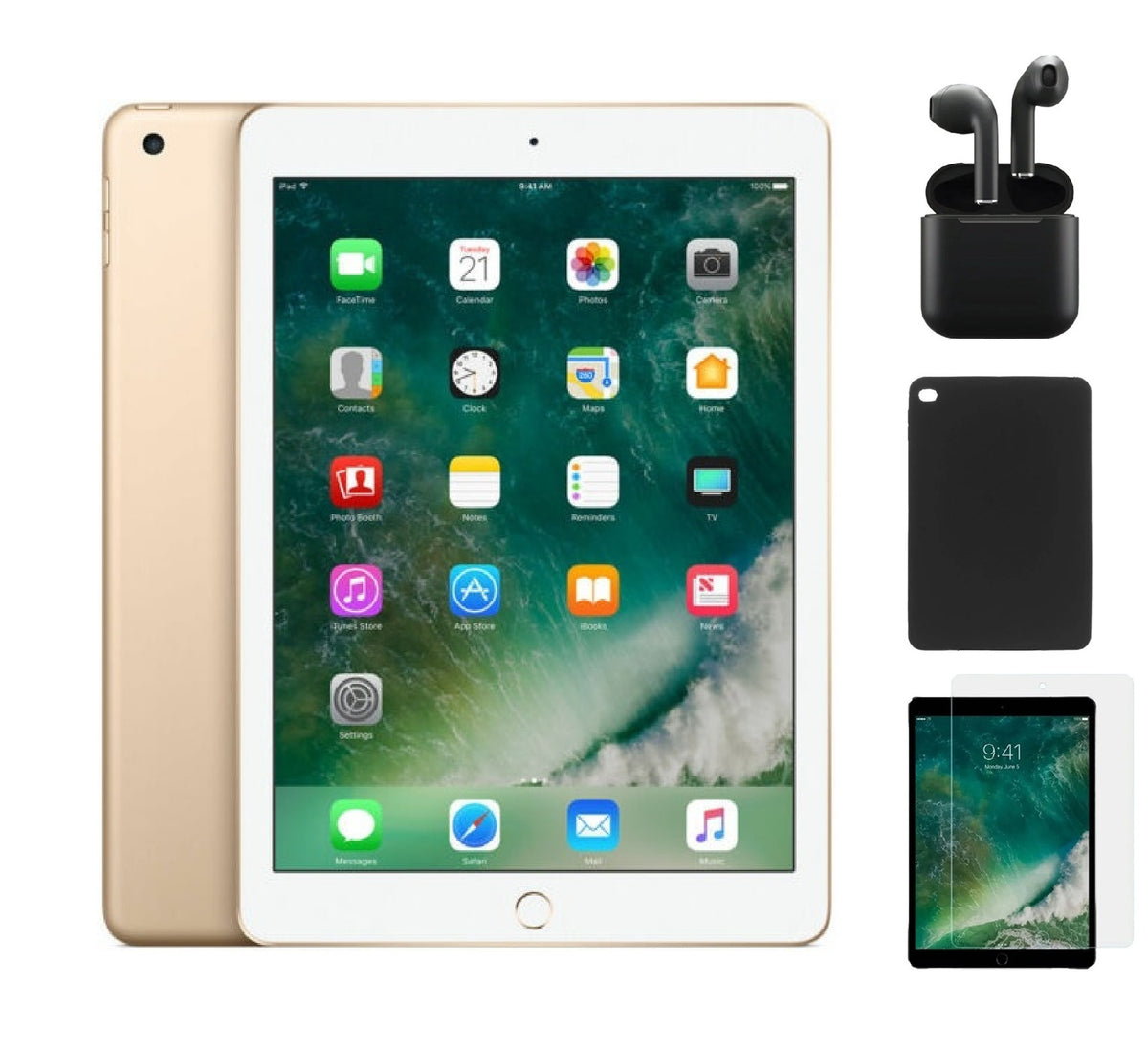Refurbished Apple iPad 5th Gen A1823 (WiFi + Cellular Unlocked) 128GB Gold (Grade A+) Bundle with Case, Wireless Earbuds,Tempered Glass Screen Protector