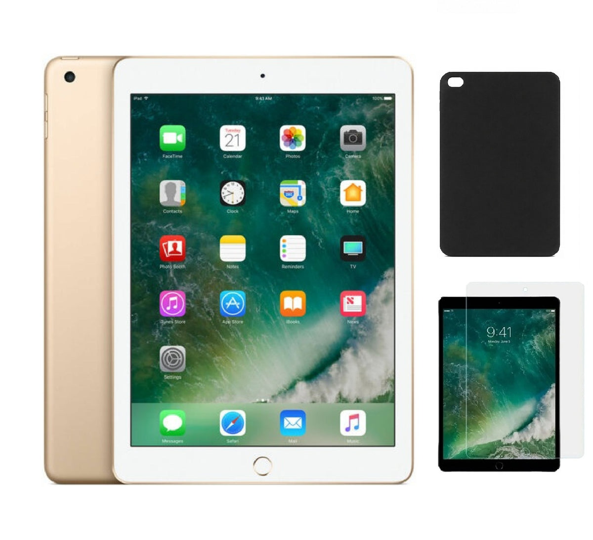 Refurbished Apple iPad 5th Gen A1823 (WiFi + Cellular Unlocked) 128GB Gold (Grade A+)with Case & Tempered Glass Screen Protector