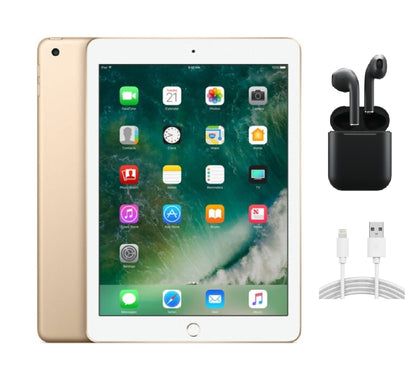Refurbished Apple iPad 5th Gen A1823 (WiFi + Cellular Unlocked) 128GB Gold (Grade A+) w/ Wireless Earbuds