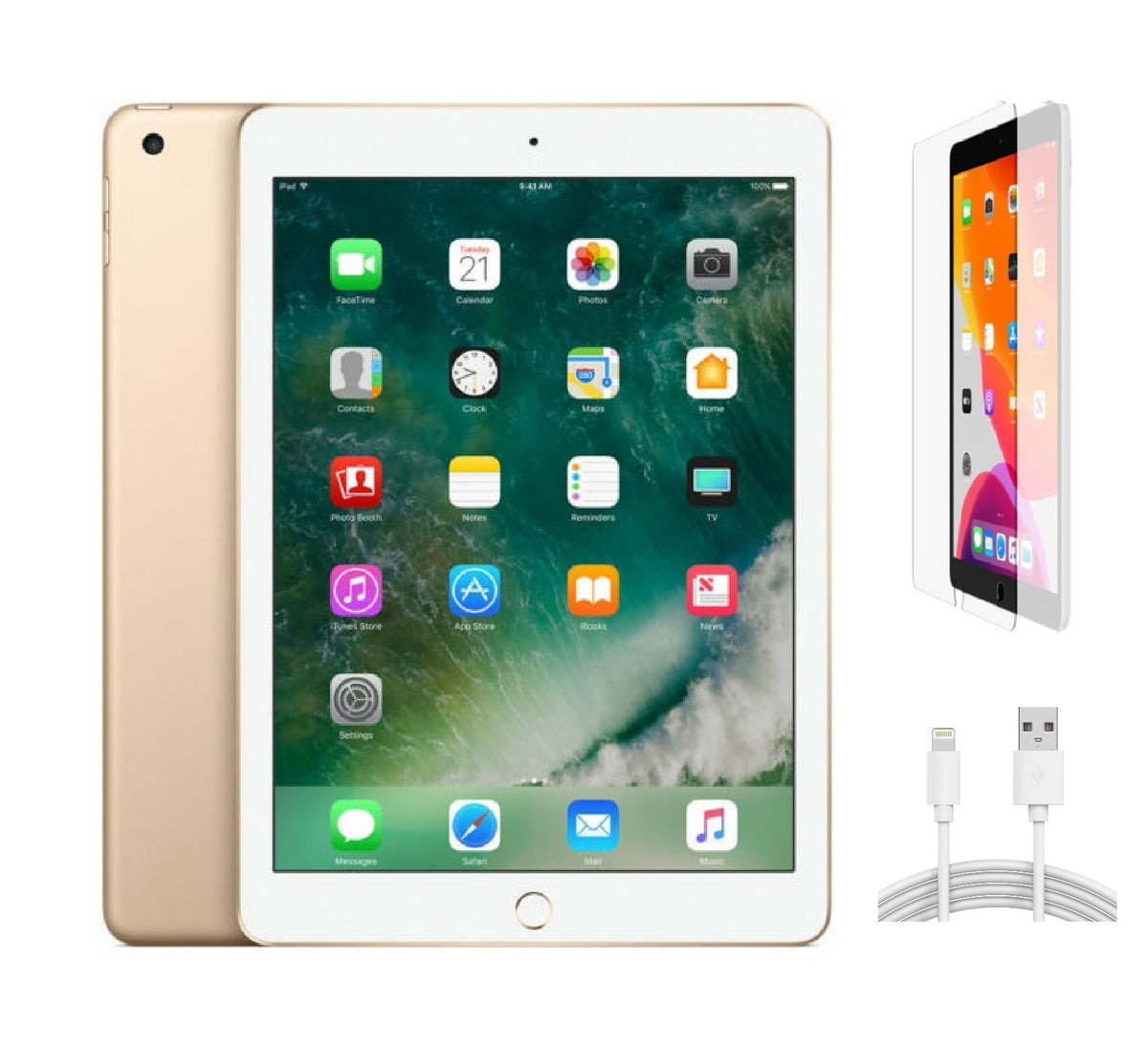 Refurbished Apple iPad 5th Gen A1823 (WiFi + Cellular Unlocked) 128GB Gold (Grade A+) w/ Pre-Installed Tempered Glass