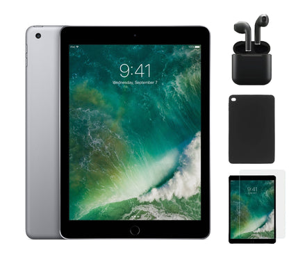 Refurbished Apple iPad 5th Gen A1823 (WiFi + Cellular Unlocked) 128GB Space Gray (Grade A) Bundle with Case, Wireless Earbuds,Tempered Glass Screen Protector