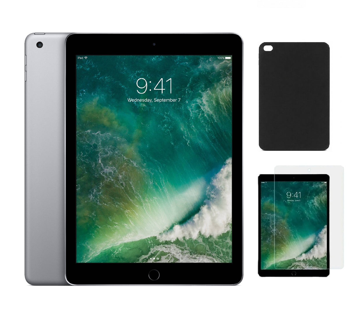 Refurbished Apple iPad 5th Gen A1823 (WiFi + Cellular Unlocked) 128GB Space Gray (Grade B)with Case & Tempered Glass Screen Protector