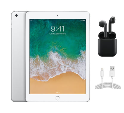 Refurbished Apple iPad 5th Gen A1822 (WiFi) 32GB Silver (Grade A+) w/ Wireless Earbuds