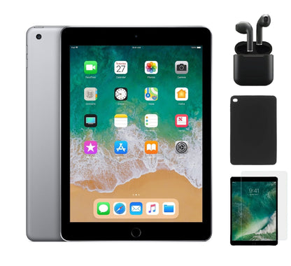 Refurbished Apple iPad 6th Gen A1893 (WiFi) 32GB Space Gray (Grade B) Bundle with Case, Wireless Earbuds,Tempered Glass Screen Protector