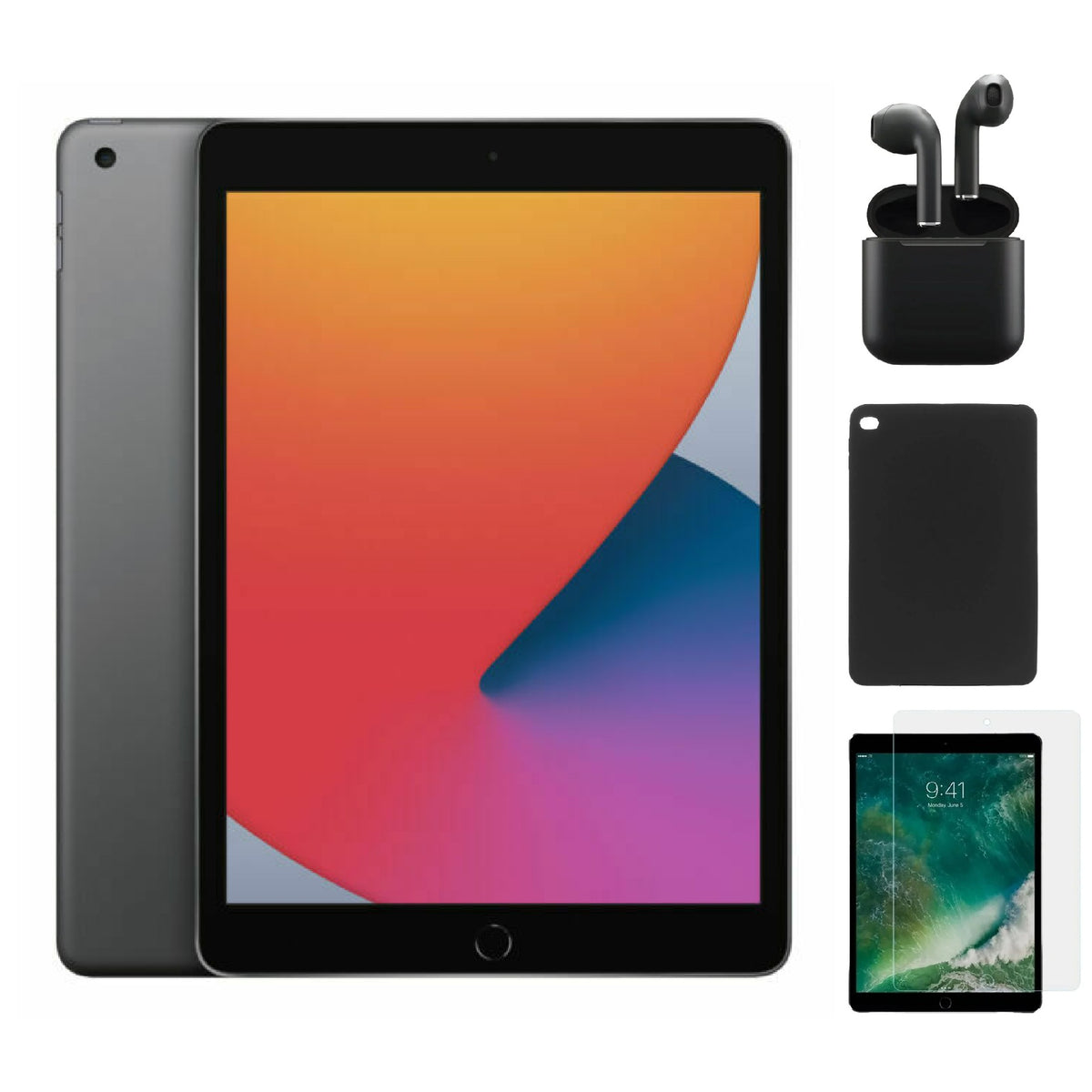 Refurbished Apple iPad 8th Gen A2428 (WiFi + Cellular Unlocked) 128GB Space Gray (Grade A) Bundle with Case, Wireless Earbuds,Tempered Glass Screen Protector