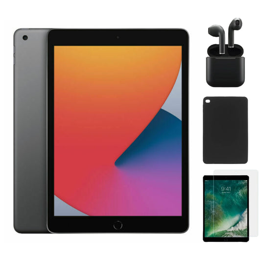 Refurbished Apple iPad 8th Gen A2428 (WiFi + Cellular Unlocked) 128GB Space Gray (Grade A) Bundle with Case, Wireless Earbuds,Tempered Glass Screen Protector