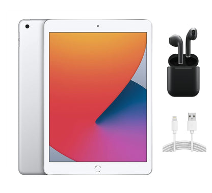 Refurbished Apple iPad 8th Gen A2428 (WiFi + Cellular Unlocked) 32GB Silver (Grade B) w/ Wireless Earbuds