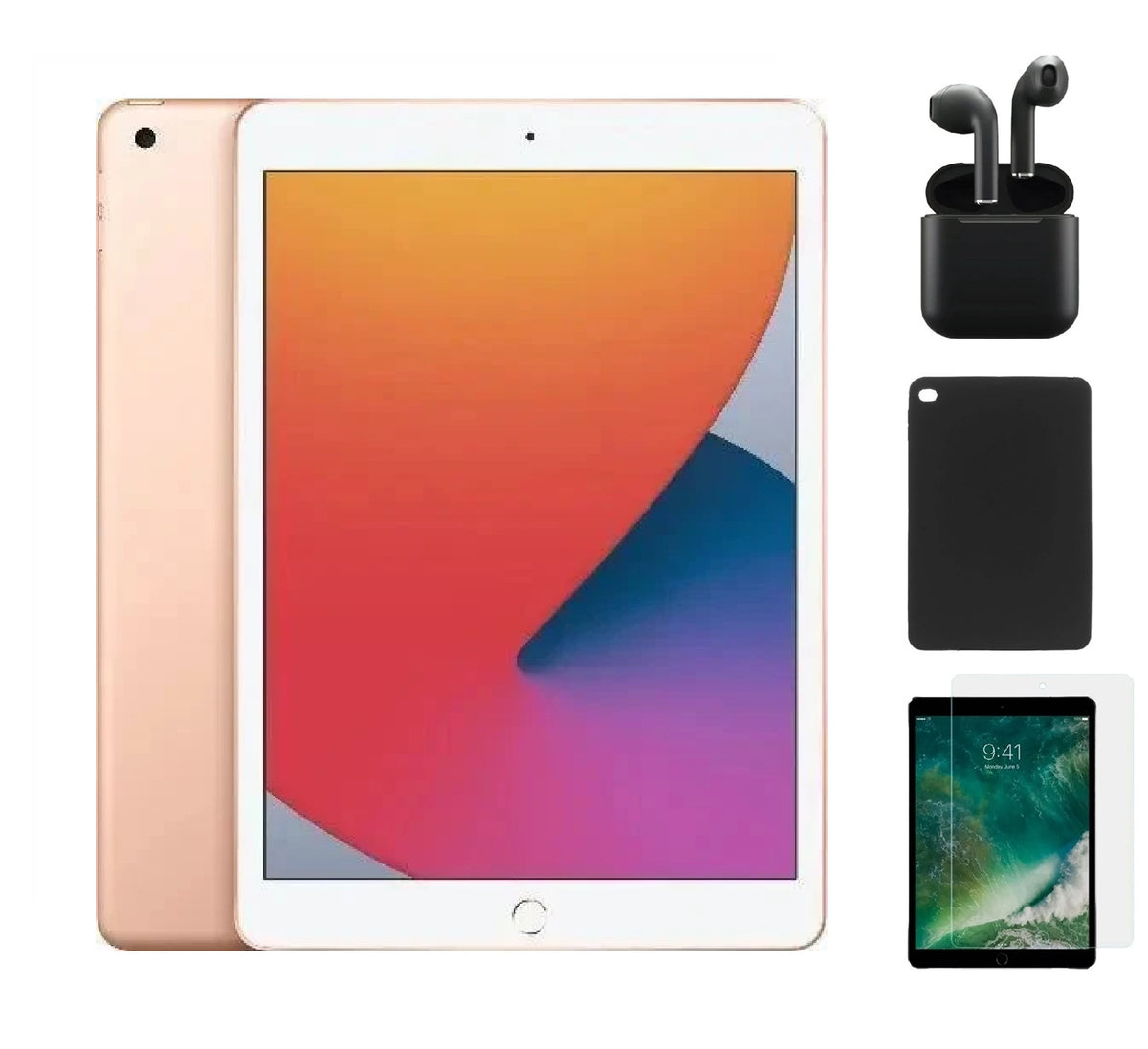 Refurbished Apple iPad 8th Gen A2270 (WiFi) 128GB Gold (Grade B) Bundle with Case, Wireless Earbuds,Tempered Glass Screen Protector
