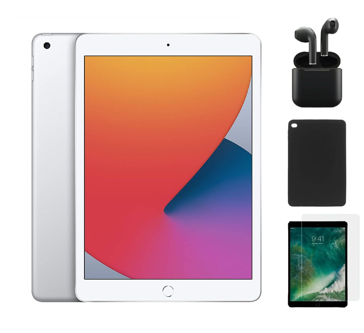 Refurbished Apple iPad 8th Gen A2270 (WiFi) 32GB Silver (Grade A+) Bundle with Case, Wireless Earbuds,Tempered Glass Screen Protector