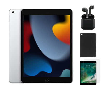 Refurbished Apple iPad 9th Gen A2603 (WiFi + Cellular Unlocked) 64GB Silver (Grade A+) Bundle with Case, Wireless Earbuds,Tempered Glass Screen Protector