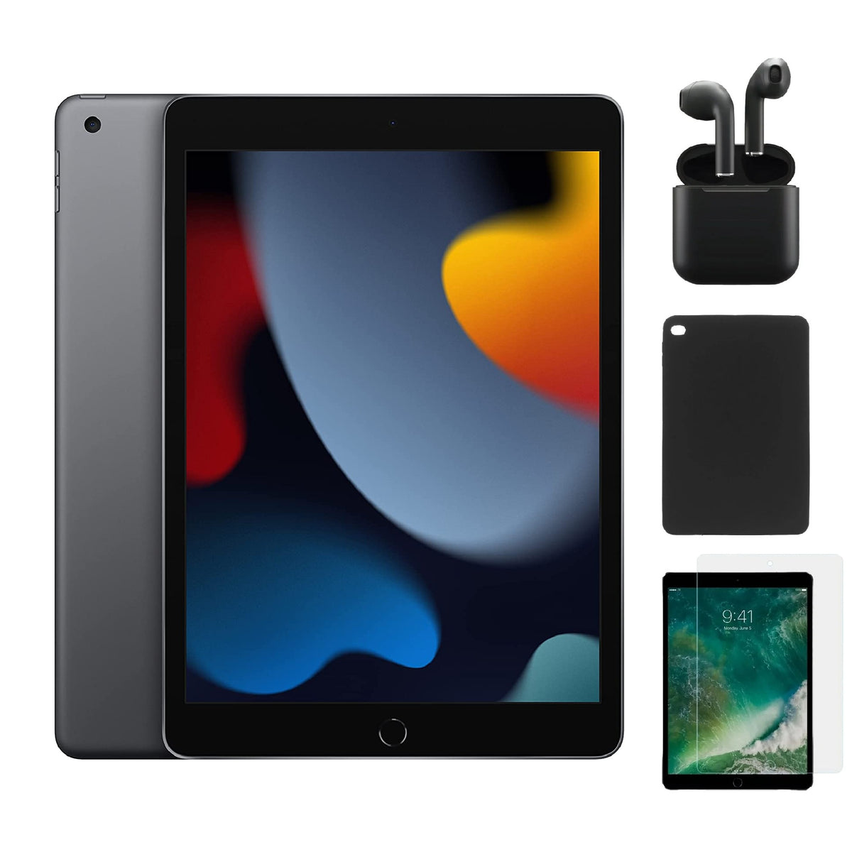Refurbished Apple iPad 9th Gen A2602 (WiFi) 64GB Space Gray (Grade B) Bundle with Case, Wireless Earbuds,Tempered Glass Screen Protector
