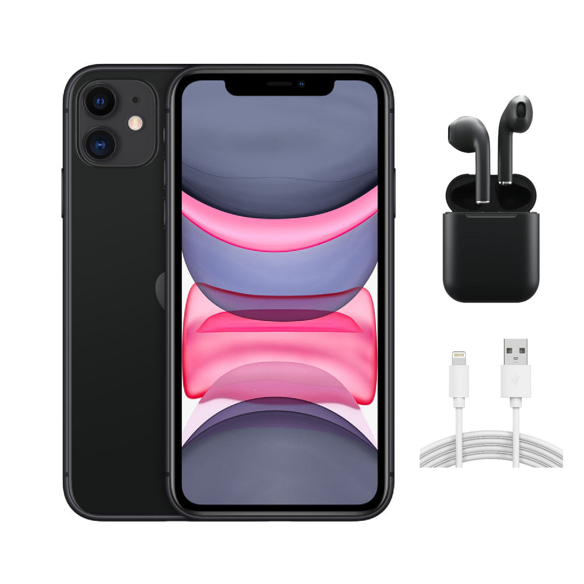 Refurbished Apple iPhone 11 A2111 (Fully Unlocked) 128GB Black (Grade A+) w/ Wireless Earbuds