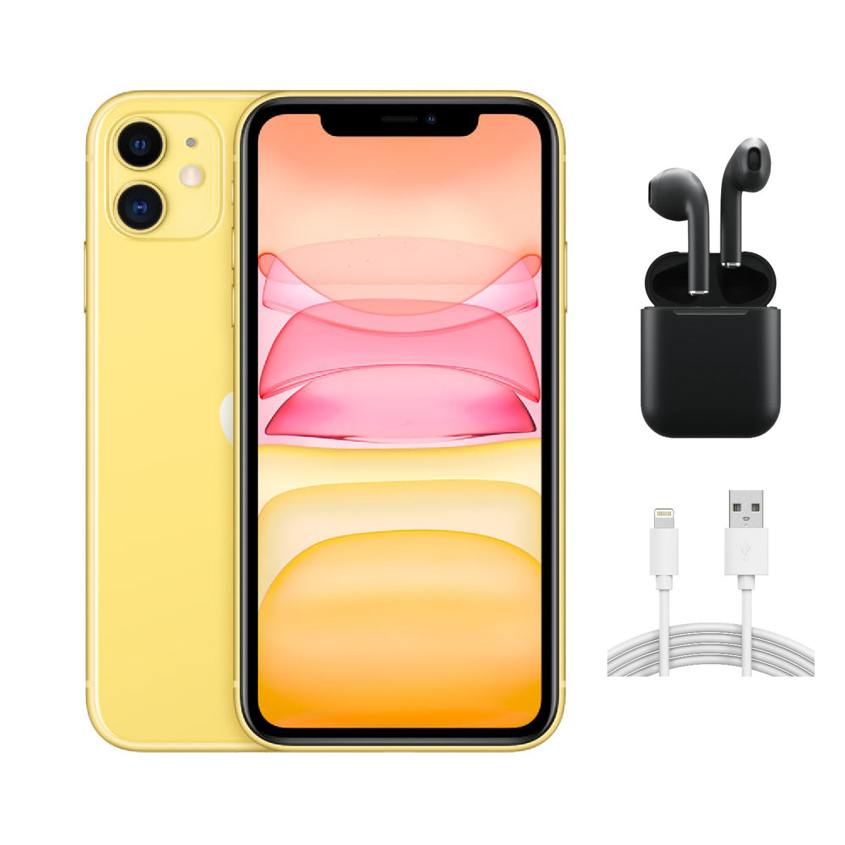 Refurbished Apple iPhone 11 A2111 (Fully Unlocked) 128GB Yellow (Grade A+) w/ Wireless Earbuds