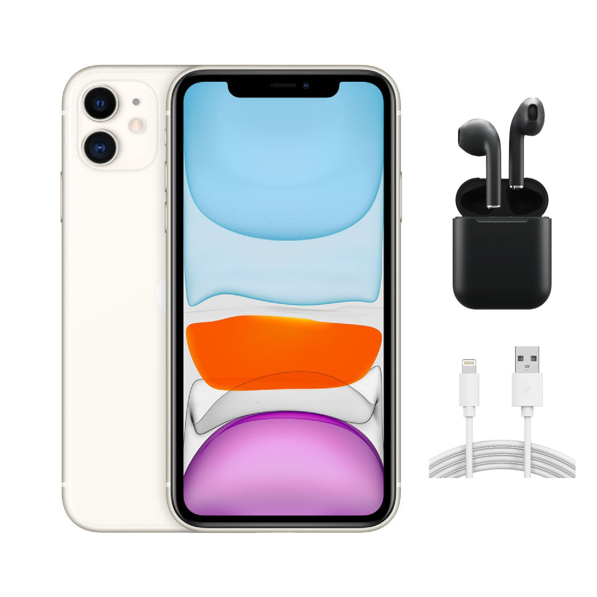 Refurbished Apple iPhone 11 A2111 (Fully Unlocked) 64GB White (Grade A+) w/ Wireless Earbuds