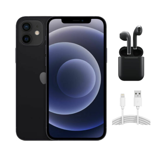 Refurbished Apple iPhone 12 Mini A2176 (Fully Unlocked) 128GB Black (Grade A) w/ Wireless Earbuds
