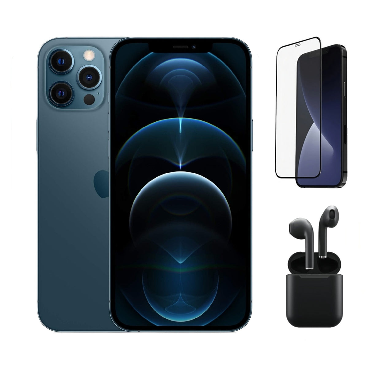 Refurbished Apple iPhone 12 Pro A2341 (Fully Unlocked) 512GB Pacific Blue (Grade A+) Bundle with Pre-Installed Tempered Glass and Bluetooth Earbuds