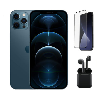 Refurbished Apple iPhone 12 Pro A2341 (Fully Unlocked) 512GB Pacific Blue Bundle with Pre-Installed Tempered Glass and Bluetooth Earbuds