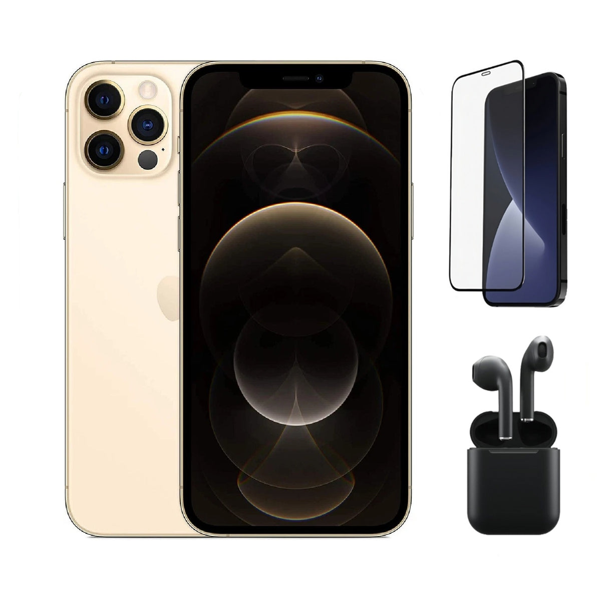 Refurbished Apple iPhone 12 Pro A2341 (Fully Unlocked) 512GB Gold (Grade A) Bundle with Pre-Installed Tempered Glass and Bluetooth Earbuds