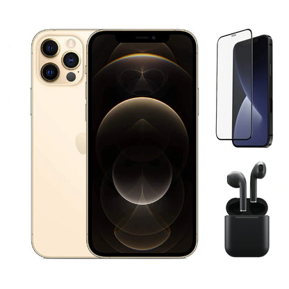 Refurbished Apple iPhone 12 Pro A2341 (Fully Unlocked) 512GB Gold (Grade A) Bundle with Pre-Installed Tempered Glass and Bluetooth Earbuds