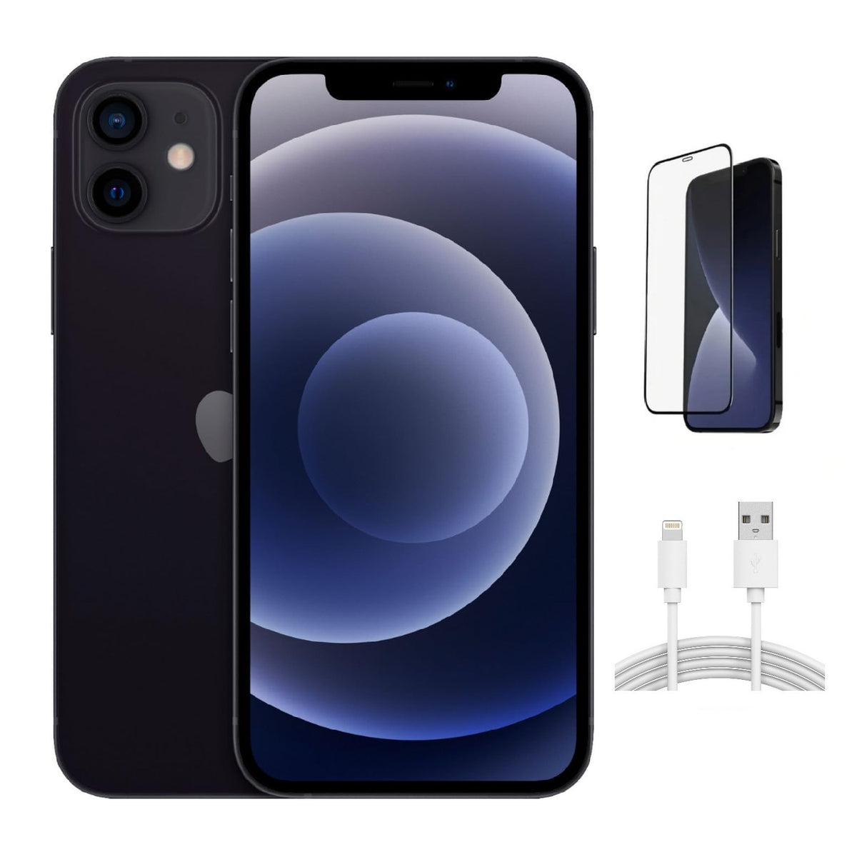Refurbished Apple iPhone 12 A2172 (Fully Unlocked) 128GB Black (Grade A+) w/ Pre-Installed Tempered Glass