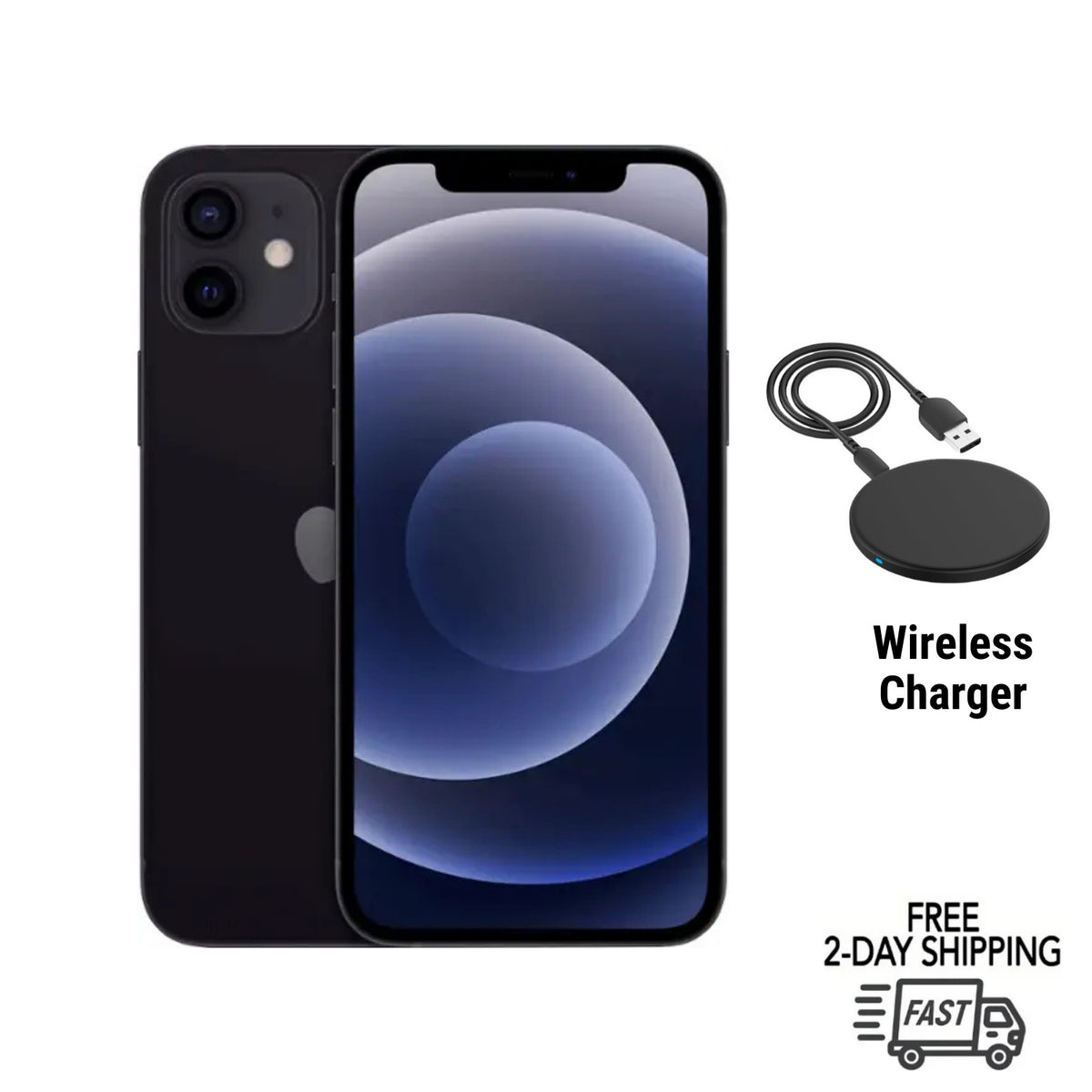 Refurbished Apple iPhone 12 A2172 (Fully Unlocked) 128GB Black (Grade A) w/ Wireless Charger