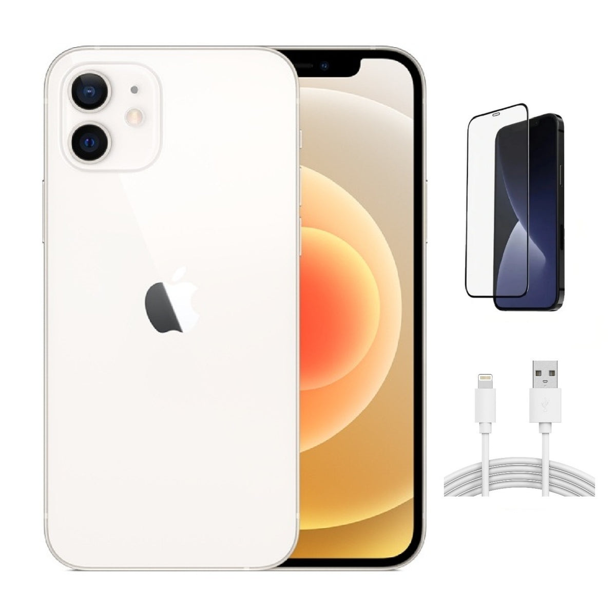 Refurbished Apple iPhone 12 A2172 (Fully Unlocked) 128GB White (Grade A) w/ Pre-Installed Tempered Glass