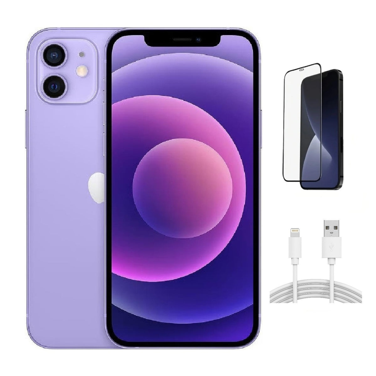 Refurbished Apple iPhone 12 A2172 (Fully Unlocked) 256GB Purple (Grade A+) w/ Pre-Installed Tempered Glass