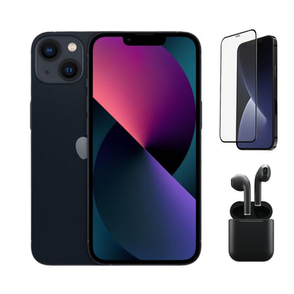 Refurbished Apple iPhone 13 A2482 (Fully Unlocked) 128GB Black Bundle with Pre-Installed Tempered Glass and Bluetooth Earbuds