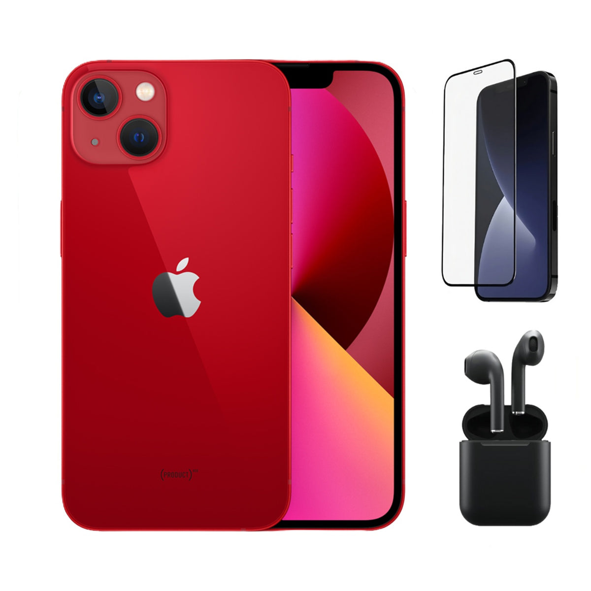 Refurbished Apple iPhone 13 A2482 (Fully Unlocked) 256GB Red (Grade A+) Bundle with Pre-Installed Tempered Glass and Bluetooth Earbuds